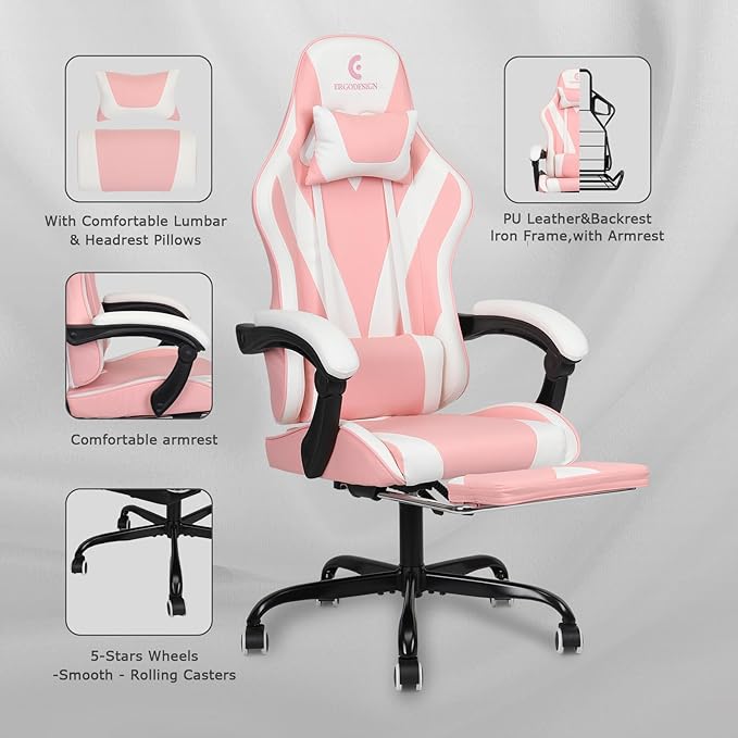 Gaming Chair with Linkage Armrest &amp Footrest High Back Video Gaming Chair Pink/White