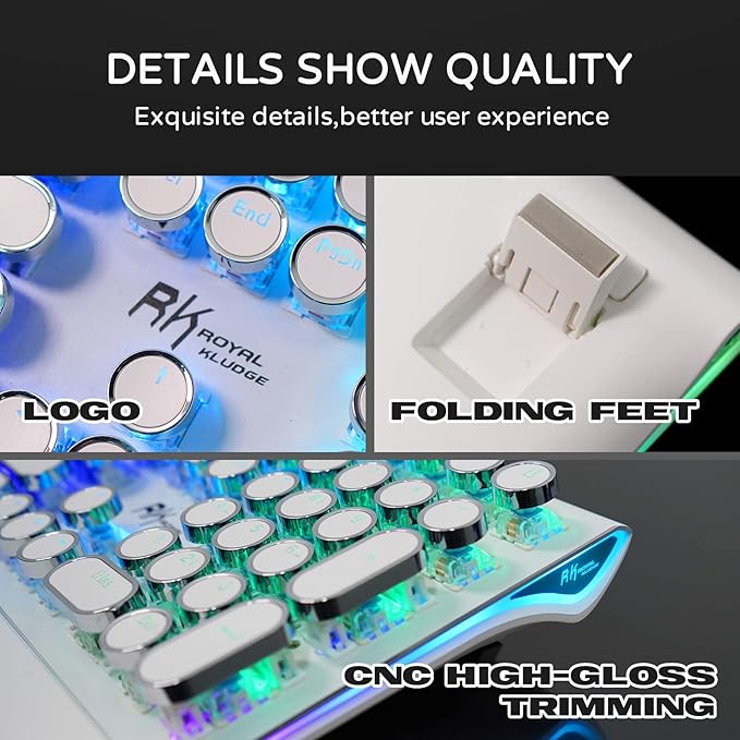 RK ROYAL KLUDGE S108 Typewriter Mechanical Keyboard Full RGB Gaming Keyboard Wired PC Game Keyboards with Detachable Wrist Rest and Number Pad Retro Round Keycaps Brown Switch White