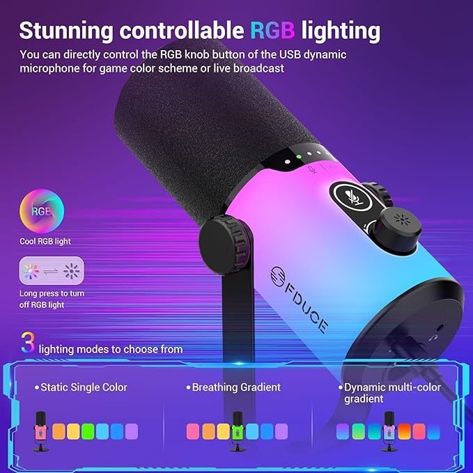 FDUCE Dynamic Gaming Microphone kit USB/XLR Podcast Computer Microphone with Desktop Stand RGB Light Mute Button and Headphone Jack for Gamer Streaming Recording Studio YouTube Online Chat(D20)