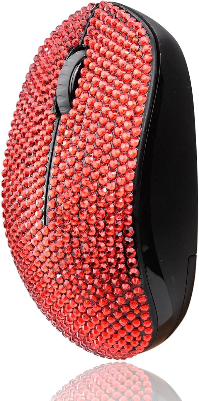 Luxury Bling Dazzling Crystal Rhinestone 2.4G Wireless Mouse for Laptop Notebook PC Computer MacBook Gifts for The Office - Red