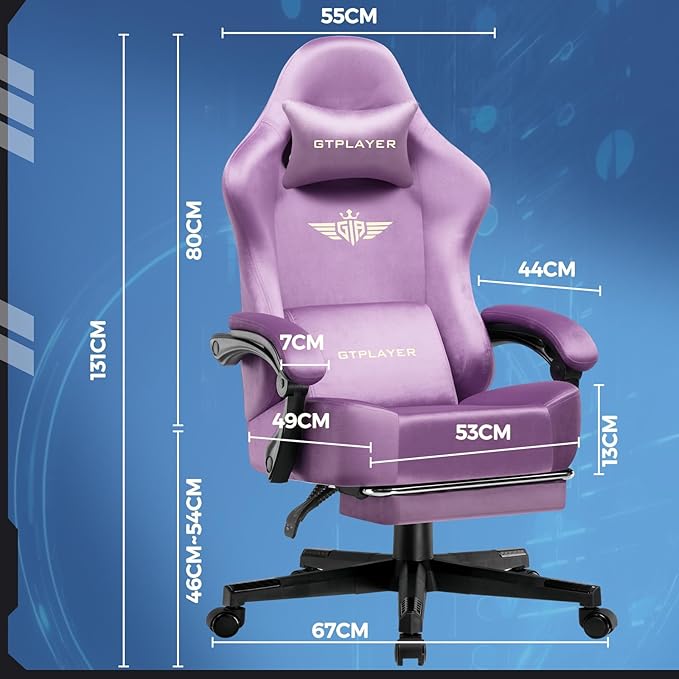 GTPLAYER Gaming Chair Fabric with Pocket Spring Cushion High Back Ergonomic Computer Chair with Footrest for Adults Lumbar Support Swivel Game Chair for Office Gaming 350LBS Light Purple