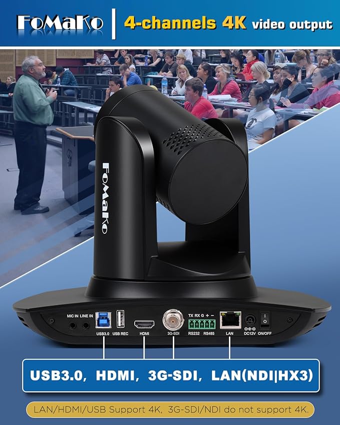 FoMaKo K30NS 4K 30x Optical Zoom PTZ Camera with NDI 6 &amp NDI HX3 AI Auto-Tracking Gen 3 3G-SDI/LAN/USB3.0/HDMI – Professional Live Streaming Camera for Church Worship Education &amp Conferenc