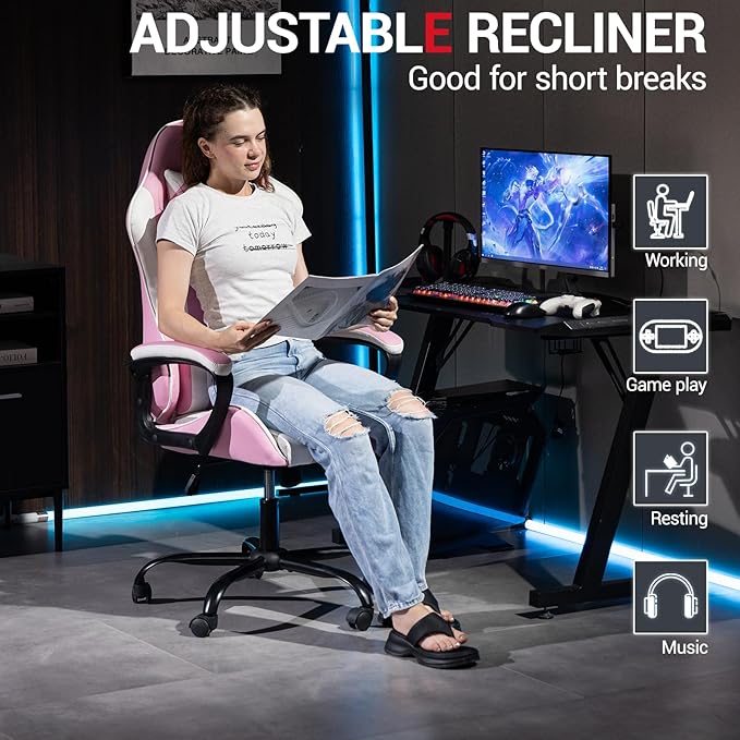 Gaming Chair PU Leather Massage PC Video Game Chair with Lumbar Support for Men Women Home Office Height Adjustable Ergonomic High Back Pink