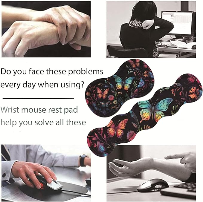 Large Gaming Table Pad 31.5 x 11.8 + Keyboard Wrist Pad + Mouse Wrist Pad + Coaster Non-Slip Base 4-in-1 Set Ergonomic Memory Foam Easy Typing Pain Relief Colorful Butterfly Moon Pattern Black
