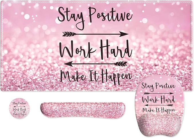 Pink Mouse Pad with Wrist Rest Ergonomic Desk Mat with Stitched Edges Non Slip Wrist Support (Stay Positive)