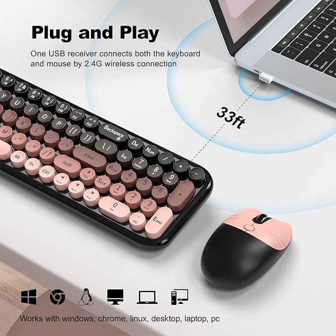 Wireless Keyboard and Mouse Combo MOWUX Compact Typewriter Retro Round Computer Keyboard Cute Optical Mouse Wireless Plug and Play for Laptop PC Computer- BlackBerry Gradient