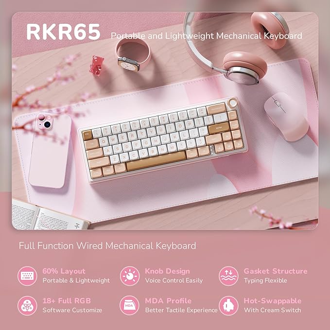 RK ROYAL KLUDGE R65 Wired Mechanical Keyboard with Volume Knob 60% Percent RGB Backlit Gasket Mount Gaming Keyboard with PBT Keycaps MDA Profile QMK/VIA 66 Keys Hot Swappable Cream Switch Pink