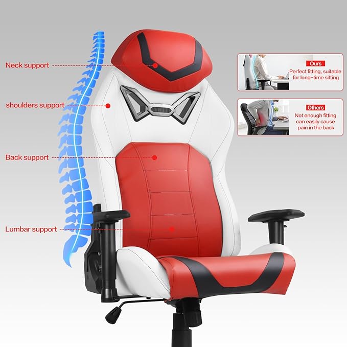 Modern-Depo Ergonomic Gaming Chairs for Adults with High-Density Memory Foam | Swivel Comfortable Office Chair Big and Tall Video Game Chair High Back Computer Chair for Home Office Red White