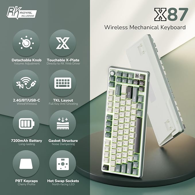RK ROYAL KLUDGE X87 Gasket Mechanical Keyboard 75% Wireless Gaming Keyboard with Touchable X-Plate &amp Volume Knob Bluetooth/2.4GHz/Wired Hot Swappable RGB Backlit (Green Light Switch)