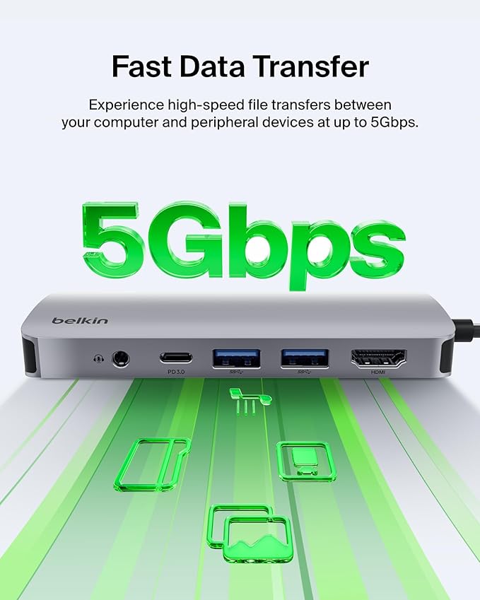 Belkin USB-C Hub 7-in-1 Multiport Adapter - USB Docking Station with 4K HDMI USB-C PD 3.0 Port 2 x USB-A 3.1 Ports SD Card &amp MicroSD Card Slots &amp 3.5mm Audio Jack for MacBook Air iPad P