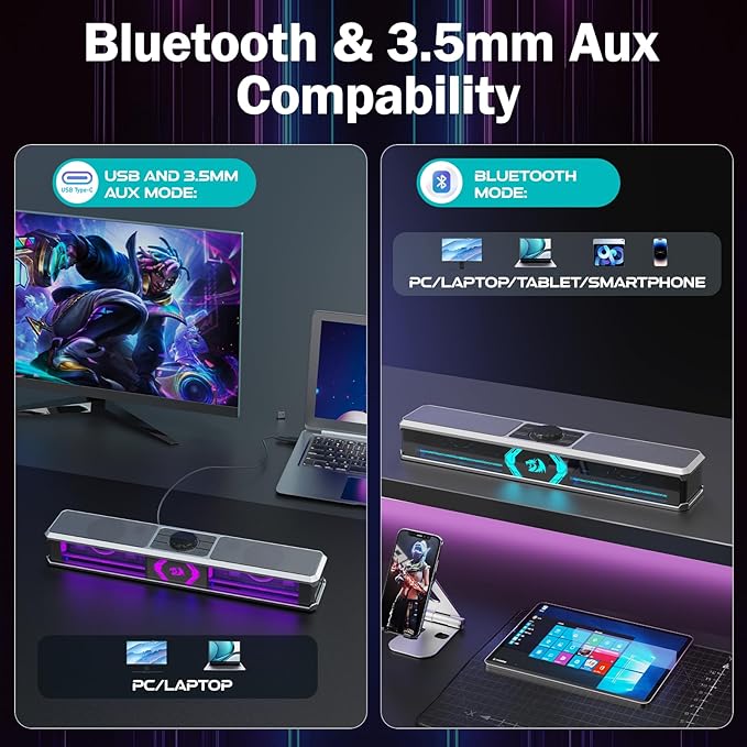 Redragon Computer Speakers PC Speakers Stereo Desktop Sound-bar for Computer Desktop Laptop Monitor PC Pad Cellphone Bluetooth &amp USB Input GS524