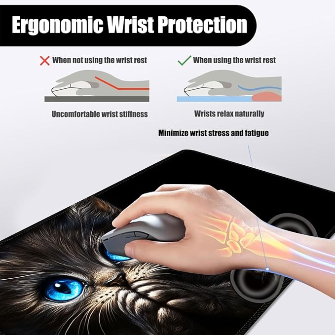 Mouse PadLarge Desk Mat Set 4in1 XL Mousepad + Keyboard Wrist Rest+Mouse Wrist Rest+Coaster with Ergonomic Desk Pad for Home Office Table Computer Cover -Kitten with Bright Blue Eyes