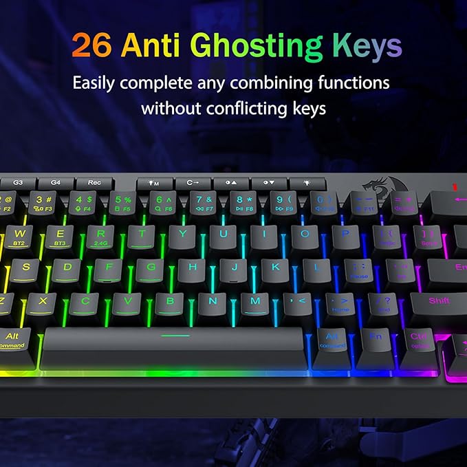 Redragon Portable Wireless Gaming Keyboard Bluetooth/2.4GHz/USB-C Wired RGB Backlit 60% Mini Quiet Macro Membrane Keyboard Rechargeable 4000mAh Battery Anti-Ghosting for Win/MAC