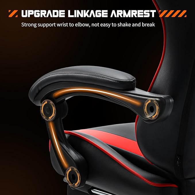 DUMOS Gaming Office Desk Chair with Footrest and Headrest for Adults PU Leather Ergonomic Video Computer Chair with Linkage Armrests Height Adjustable 360° Swivel Recling Chair New Red
