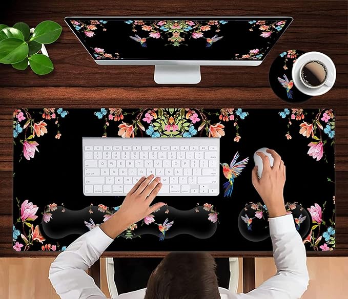 Extended Black Gaming Mouse Pad Ergonomic Memory Foam Keyboard Wrist Rest Support &amp Non-Slip Mouse Wrist Rest for Laptop Desk Writing Pad Hummingbird Watercolor Flower Office Desk MatLarge Mouse
