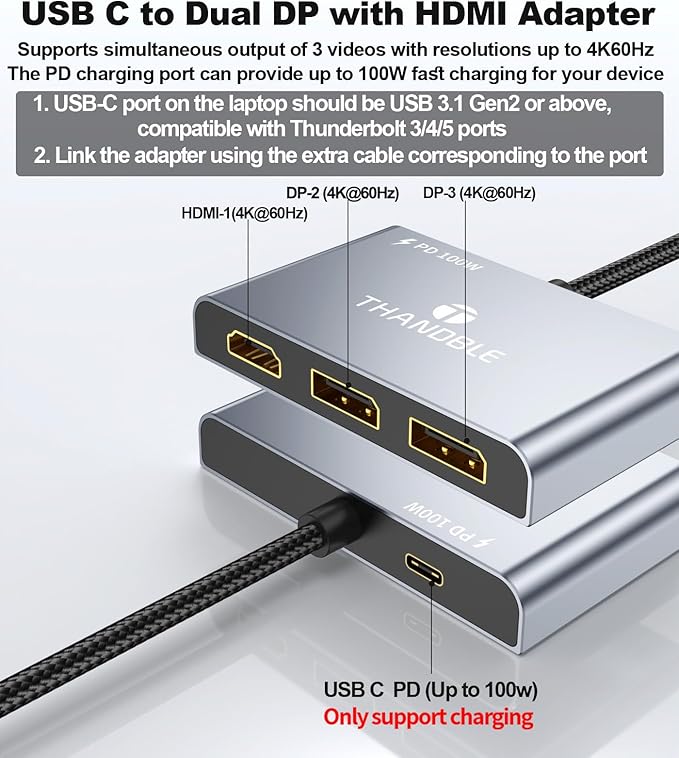 USB C to Dual DisplayPort Adapter and HDMI with 100W PD Charging Triple 4K60Hz Monitor Extender for Dell/Surface Pro/HP DP Splitter Extended Display Hub Laptop Multi-Screen Adapter