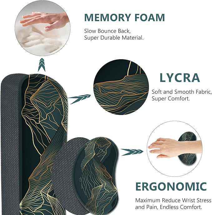 AIMSA Keyboard &amp Mouse Pad Set Extended Desk Mat + Ergonomic Mouse &amp Keyboard Wrist Rest Support 35x15.7in Abstract Gold Sun Mountain