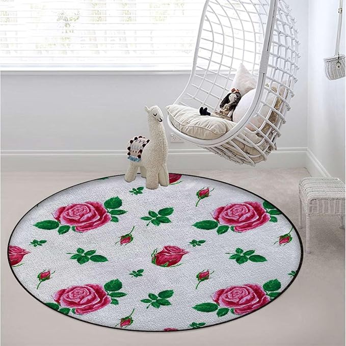 Red Green White Chair Mat Office Protector for Hardwood Floors Anti-Slip Floor Protection Mat Multi-Purpose Chair Carpet for Desk Watercolor Roses and Leafs Diameter 51 in