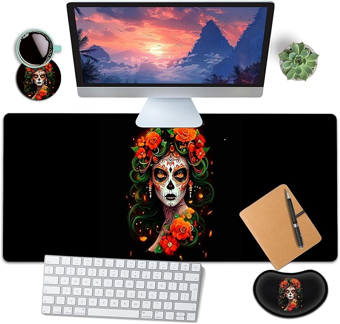 Large Mouse Pad with Mouse Wrist Rest 31.5x11.8 in Extended Mouse Mat Ergonomic Memory Foam Wrist Rest for Work &amp Gaming Writing Pad Colorful Day of The Dead Women Black Office Desk Pad