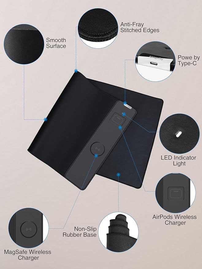 TopMade Mouse Pad with 15W Wireless Charging Waterproof Gaming Mousepad with Ultra-Smooth Surface Non-Slip Base 31.5x15.75 XXL Large Desk Pad (Includes 20W PD Power Adapter &amp 6.56ft Woven Cab
