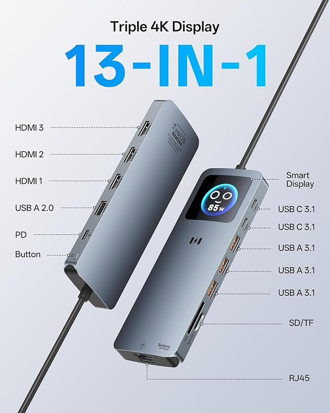 USB C Docking Station 3 HDMI Selore 13-in-1 Laptop Docking Station with Triple 4K HDMI Smart Display 2.5G Ethernet 100W PD 10Gbps USB A/C 3.1 SD/microSD Card Reader for Dell/HP/Lenovo Laptops