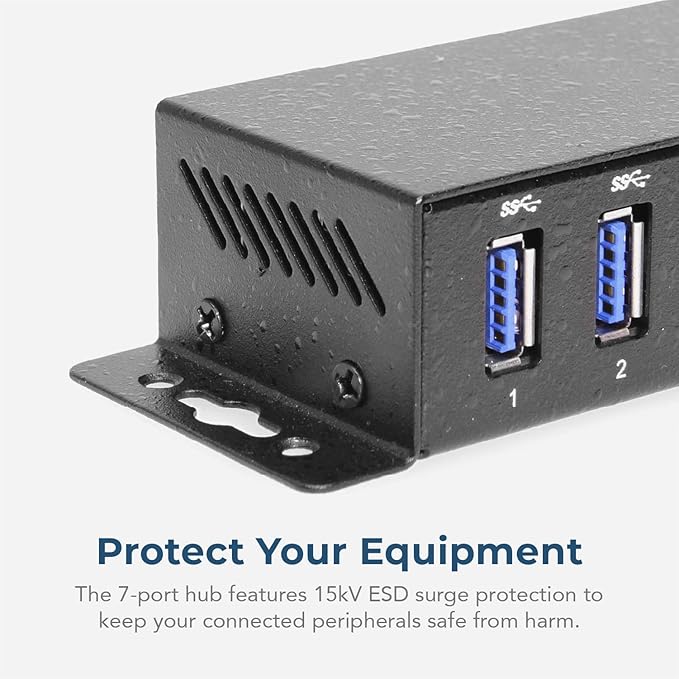 Coolgear 7 Port USB Hub w/Power Adapter - 5Gbps Data ESD Protection Self-Powered with DC Input Mountable Metal Housing