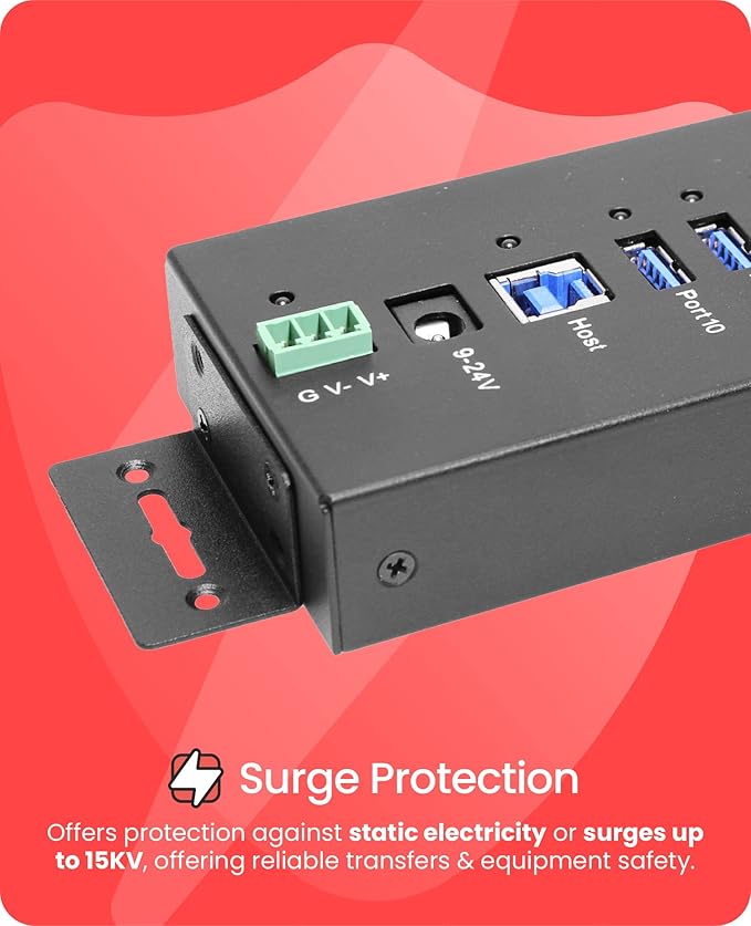 Gearmo USB 3.2 Gen 1 10 Port Industrial Metal Hub w/15KV ESD Protection