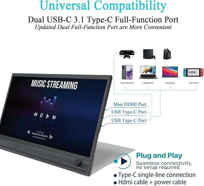 15.6Inch Laptop Monitor Exteder Portable Monitor for Laptops 1080P FHD USB C Laptop Screen Extender with Brightness Adjustment Dial Lap Second Screen Travel Monitor for Mac PC Phone