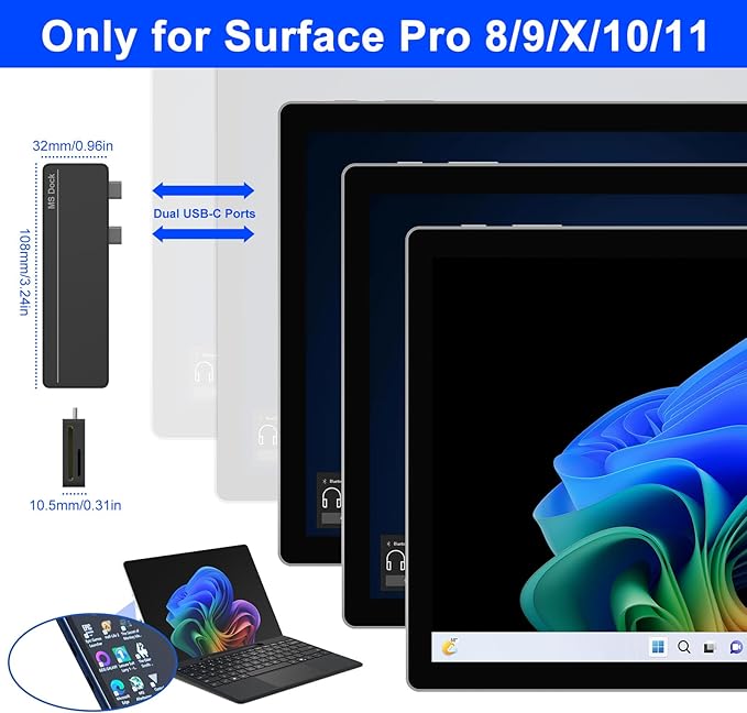 Surface Pro 8/9/X/10 Dongle - Surface Pro 9 Adapter with 4K HDMI Thunderbolt 4 (8K@30Hz Video+40G Data+100W PD) USB 3.0 SD/TF Reader 3.5mm Audio Surface Pro 9 Docking Station Hub