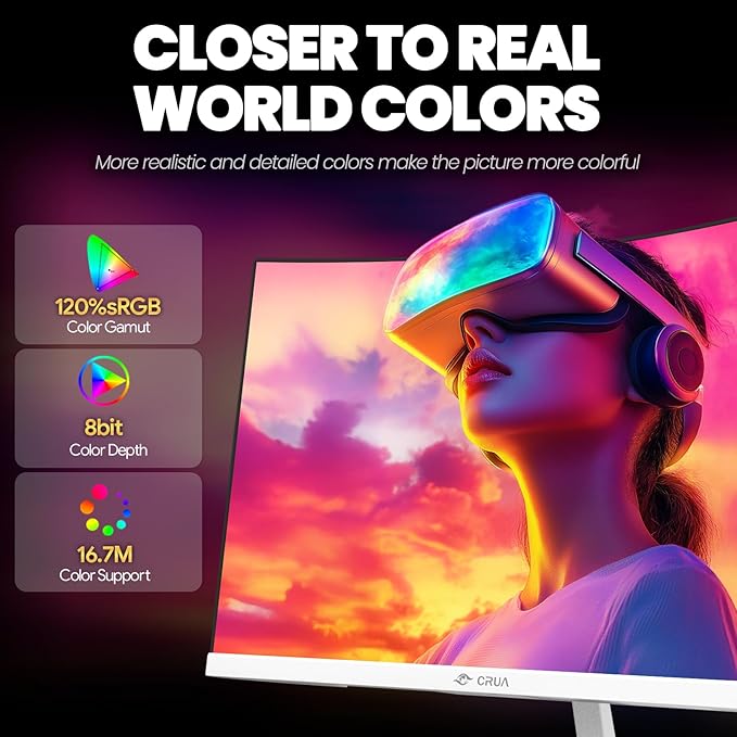 CRUA 24 Curved Gaming Monitor 165Hz/200Hz Computer Monitor FHD 1920x1080 120% sRGB AMD FreeSync Blue Light Filter for Gaming &amp Office Wall Mountable- White