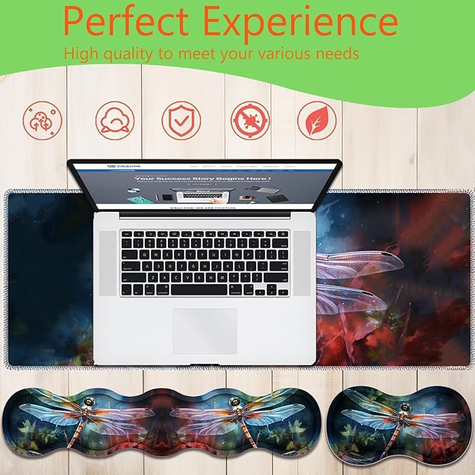 4 in 1 Mouse Pad Combo Large Gaming Mouse Pad + Keyboard Wrist Support + Mouse Wrist Rest + Coaster Table Pad with Stitched Edge Ergonomic Wrist Pad Set Art Dragonfly