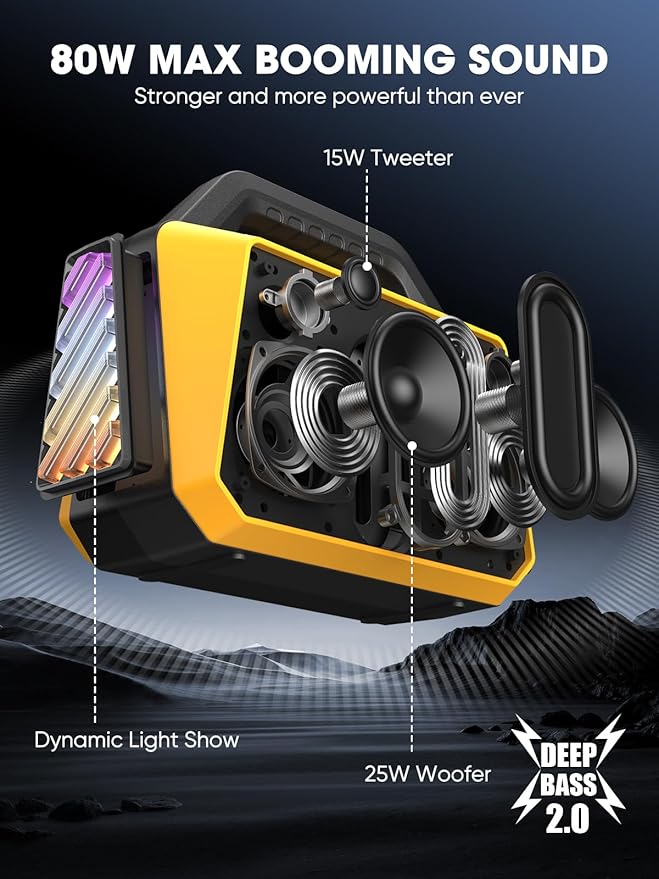 Portable Bluetooth Speakers - Wireless Jobsite Speaker 80W Peak TWS Light Shows Loud Speaker with Deep Bass BT 5.3 IPX6 Waterproof 20H Playtime for Outdoor Beach Camping Garage - Yellow