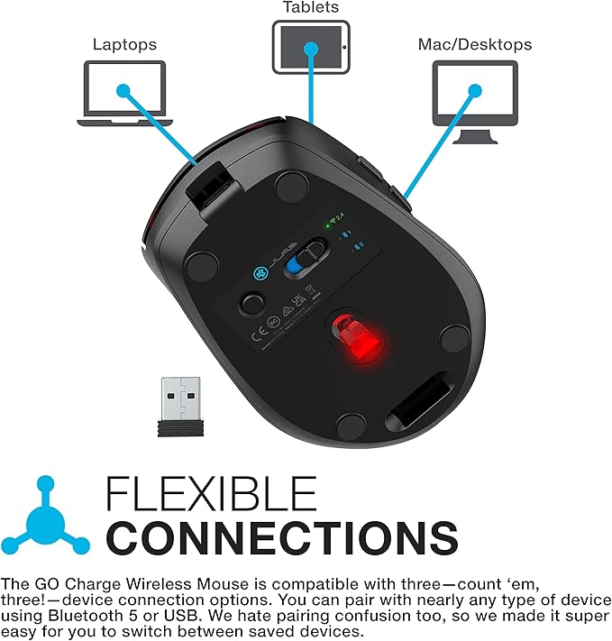 JLab GO Charge Wireless Mouse Connect Via Bluetooth or USB Wireless Dongle Multi-Device Toggle Portable Ultra-Compact and Lightweight for Work on The Go Adjustable Tracking (1 Pack)