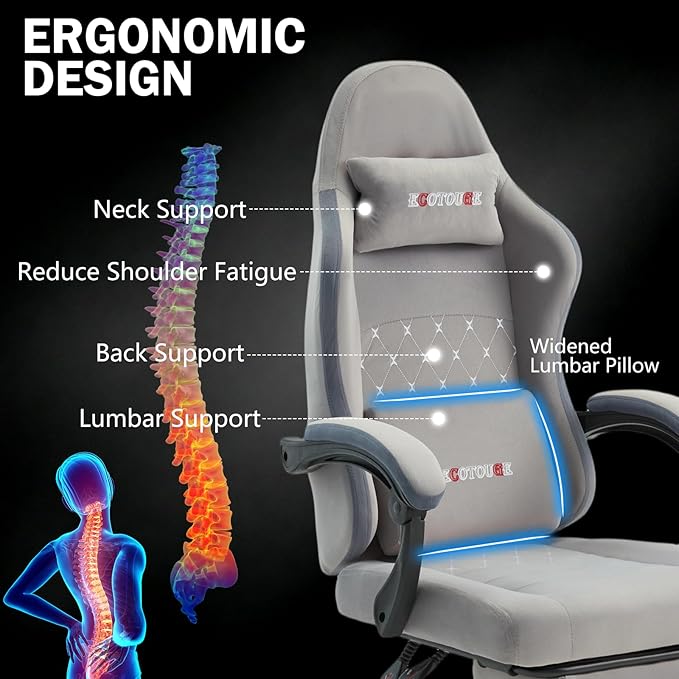 ECOTOUGE Fabric Gaming Chair Video Game Chair with Footrest and Lumbar Support Adjustable Height Home Desk Office Chair Ergonomic Comfort Gamer Chair with High Back Gray