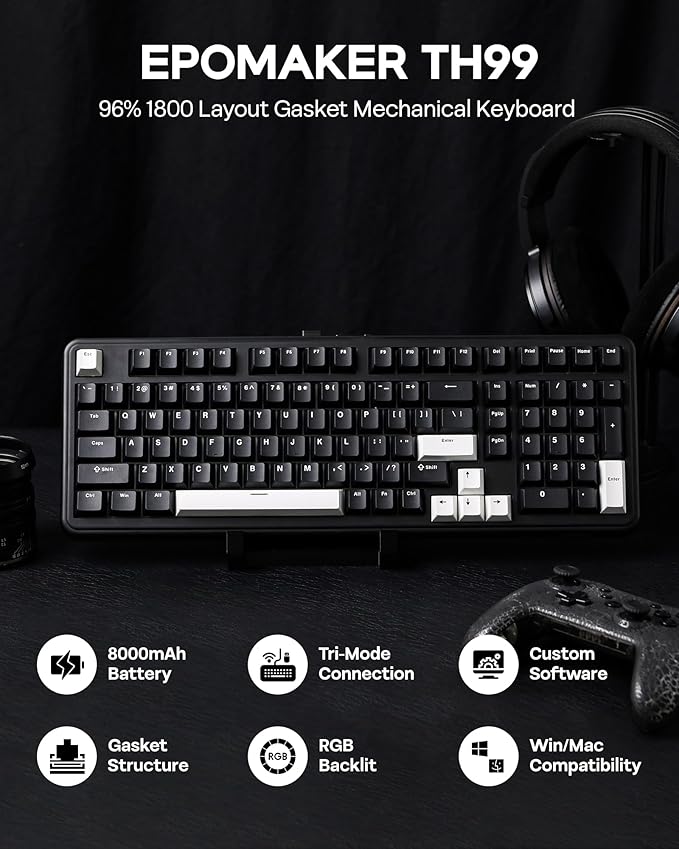 EPOMAKER TH99 Tri-Mode Wireless Mechanical Keyboard with 8000mAh Battery Hot Swappable Custom RGB Gaming Keyboard with Numpad Gasket Creamy for PC/Mac/Office (Black Creamy Jade)