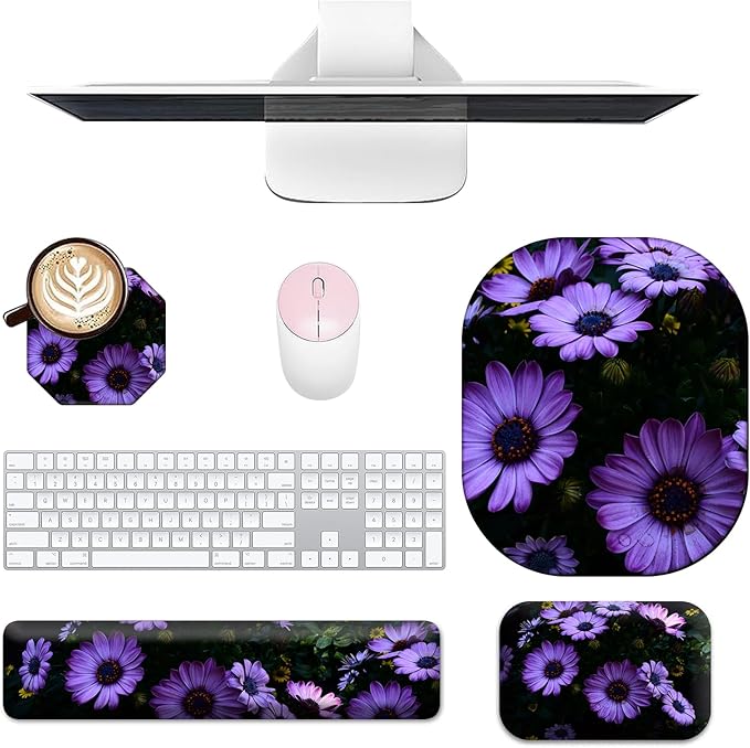 Keyboard Wrist Rest and Mouse Pad Set Keyboard Wrist Support + Small Mouse Pad + Elbow Arm Rest Pad + Coaster Ergonomic Memory Foam Wrist Rest for Computer Keyboard Purple Daisy Flowers