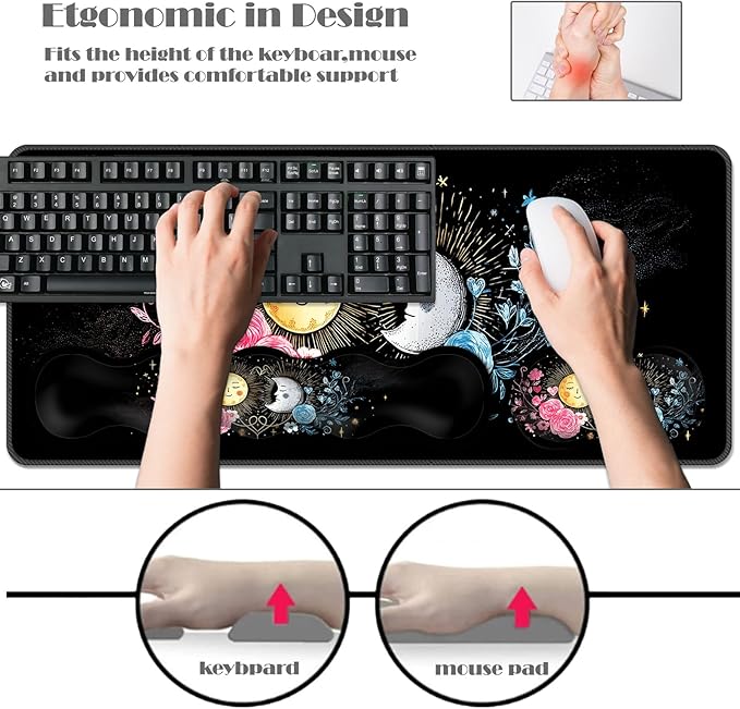 Ergonomic Keyboard Wrist Rest &amp Mouse Pad Wrist Rest SetXL Gaming Desk Mat 31.5x 11.8Non-Slip BaseMemory FoamEasy Typing Pain Relief for Office &amp HomeSun and Moon