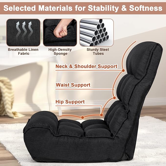 S AFSTAR Folding Floor Chair Floor Gaming Chair with 5-Position Adjustable Headrest &amp 4-Position Backrest Side Pocket &amp Thicken Cushion Padded Floor Seat Lazy Chair for Living Room Bedroom