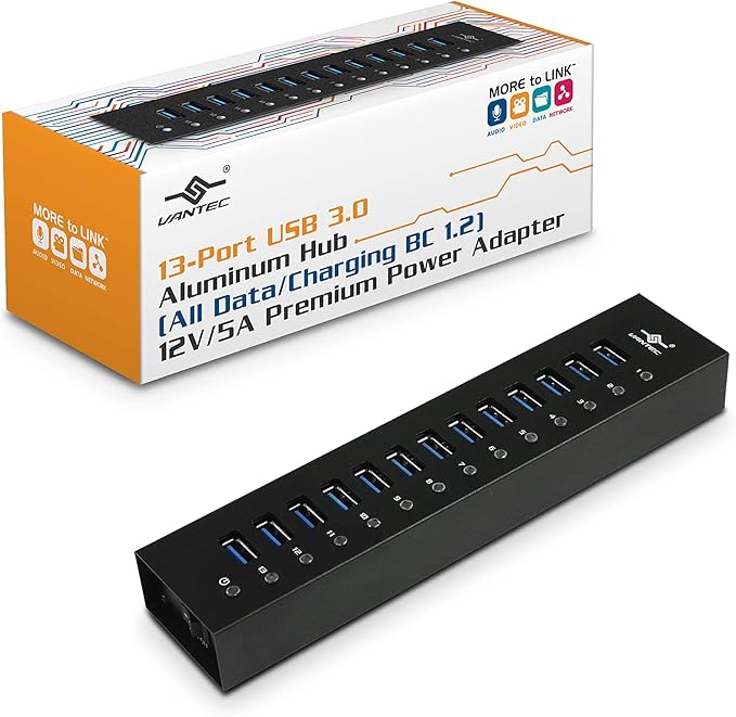 13-Port USB 3.0 Aluminum Hub (All Data/Charging BC 1.2) 12V/5A Premium Power Adapter (UGT-AH131U3-BK)