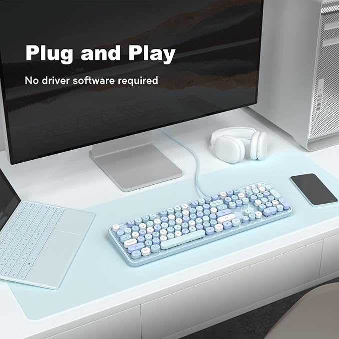 Computer Keyboard Wired Plug Play USB Retro Round Typewriter Keyboard Full Size Wired Keyboard with Foldable Stands for Laptop and Office PC - Blue Colorful