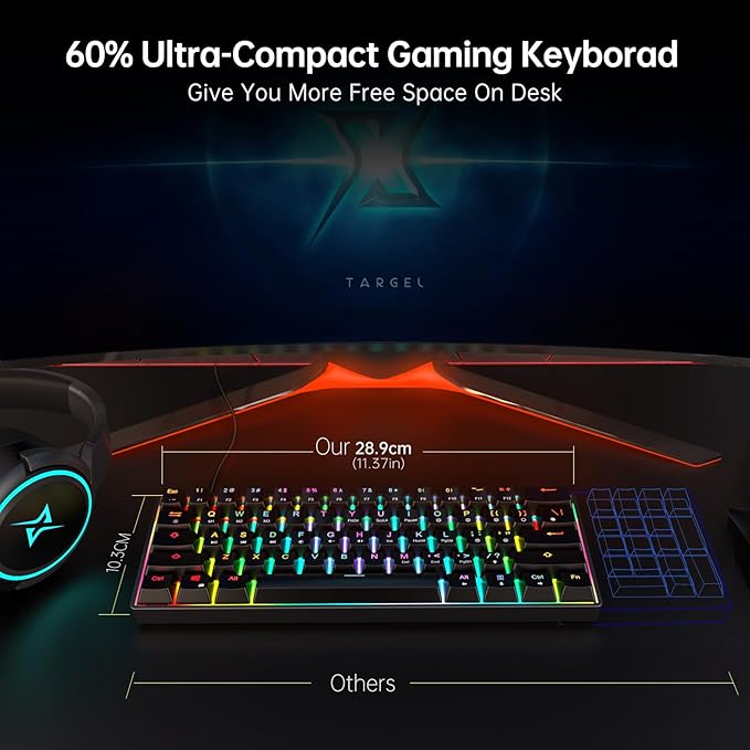 60% Mechanical Gaming Keyboard - 61 Keys Brown Switch Quiet Office Computer Keyboard - Multi Color RGB Rainbow Led Backlit - Programmable for PC/Windows/Mac/Gamer - USB Wired - Black