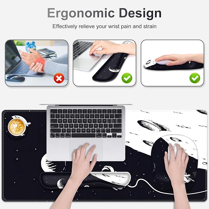 Large Mouse Pad Keyboard Wrist Rest Set Ergonomic Non-slip Washable Wrist Support Waterproof 35.4 x 16 inches Space Astronaut