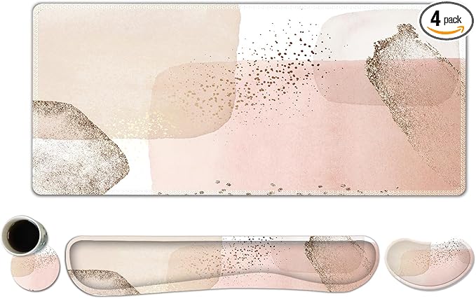 ToLuLu Extended Gaming Mouse Pad Memory Foam Ergonomic Keyboard Mouse Wrist Rest Support Set Large Desk Mat with Stitched Edges Non-Slip Base Mousepad for Home Office Game Study Pink Gold