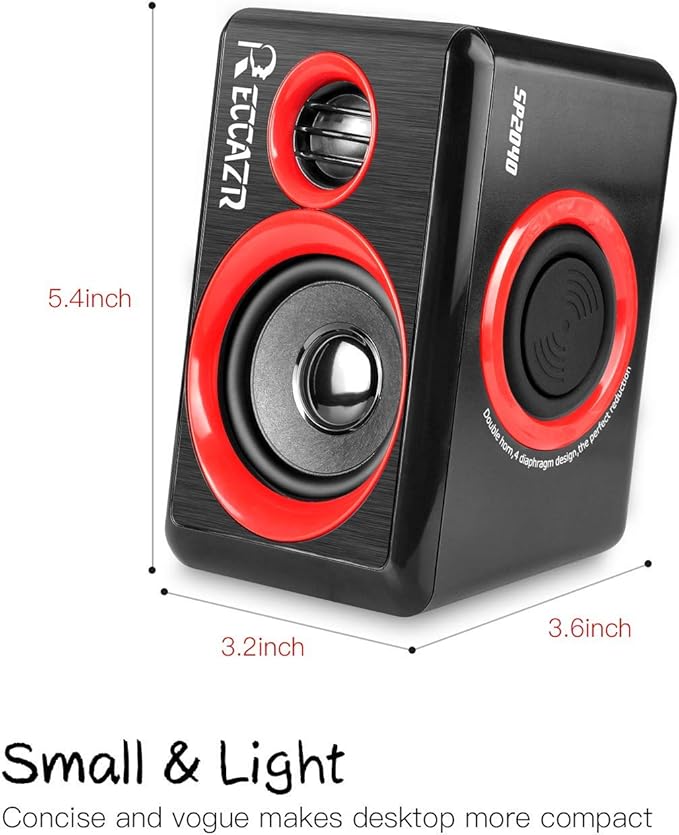 Computer Speakers 2.0 CH PC Speakers with Surround Sound USB Wired Laptop Speakers with Deep Bass for Desktop Computer/PC/Laptops/Smart Phone Build-in 4 Loudspeaker Diaphragm Reccazr SP2040|RED