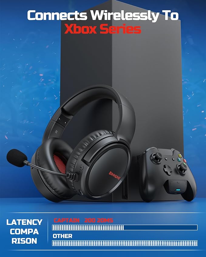 BINNUNE Wireless Gaming Headset for Xbox Series X|S &amp Xbox One Low Latency Wireless + Bluetooth Flip-to-Mute Noise Cancelling Mic 50mm Drivers 40H Battery Over-Ear Headphones