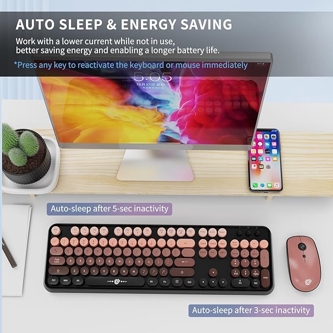 FOPETT Wireless Keyboard and Mouse Combo 104 Keys Full-Sized 2.4 GHz Round Keycap Colorful Keyboards USB Receiver Plug and Play for Windows Mac PC Laptop Desktop (GradientPink)