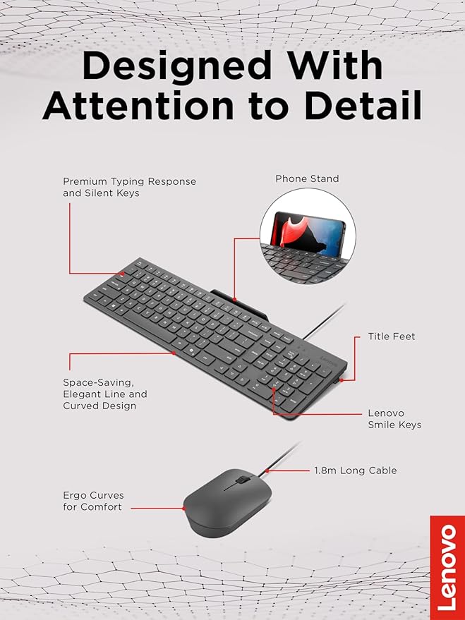 Lenovo 310 USB-A Wired Keyboard Mouse Combo Quiet Keys Ultra-Slim Gaming Design Spill-Resistant Integrated Phone Stand Compatible w Laptop PC Tablet – Ergonomic Mouse Mechanical Keyboard USB
