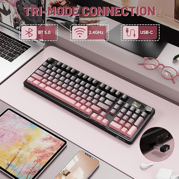 MAMBASNAKE Attack Shark X98 Pro Wireless Mechanical Keyboard with Screen &amp Knob 2.4G/USB-C/BT5.0 Gasket Hot Swappable Creamy Keyboard102 Keys Web Driver RGB Gaming Keyboard for PC/Mac/PS4/Xbox