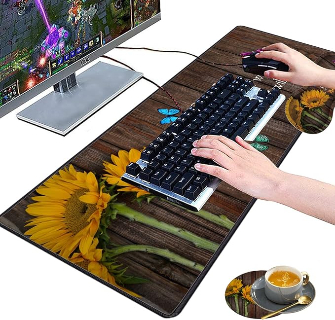 3 Piece Mouse Pad Set with Stitched Edge Large Anti-Slip Mouse Pad Desk Pad Keyboard Pad + Wrist Rest Pad + Coaster Memory Foam Wrist Rest for Office/Home - Psalm 46:5 Sunflower