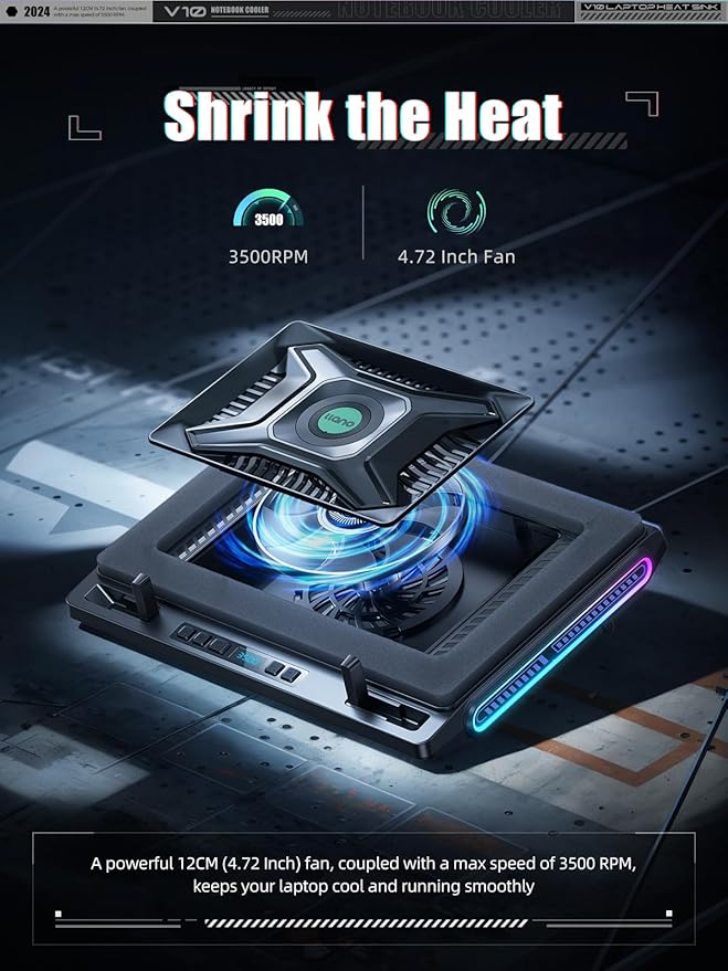 llano V10 Gaming Laptop Cooling Pad RGB Laptop Cooler Stand with Powerful 4.72 Inch External Turbo Cooling Fan Fast Cooling Computer 13-17.3in Button Control 3 Adjustable Stand 4-Port USB C&ampA